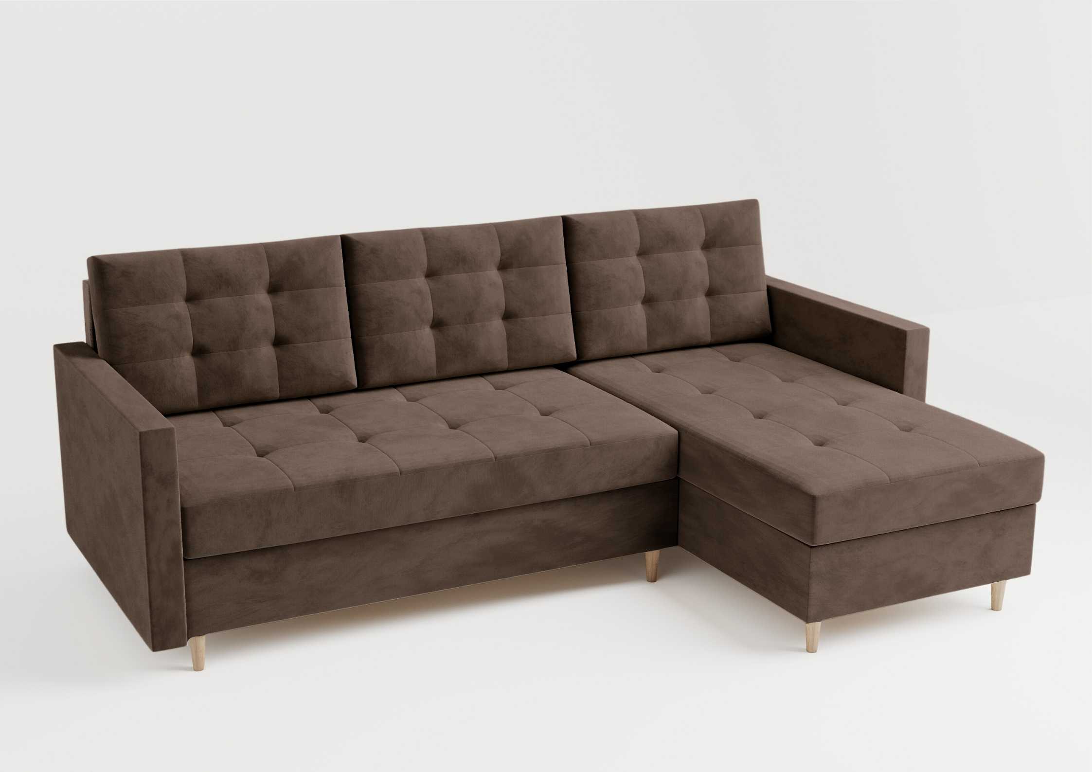 Pikowany narożnik skandynawski z funkcją spania na drewnianych nogach w kolorze brązowym